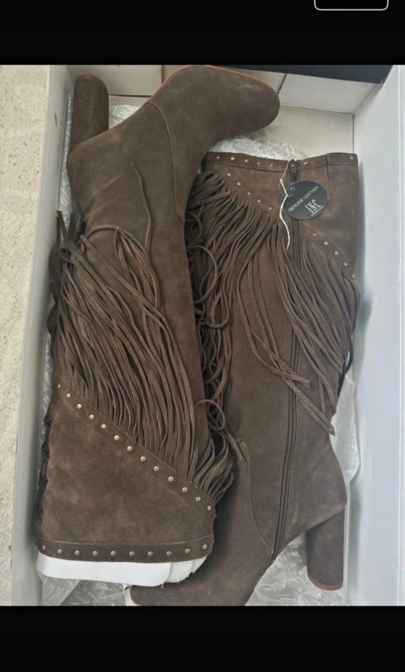 INC International Concepts Tolla Suede Fringe Knee High Brown 7.5M